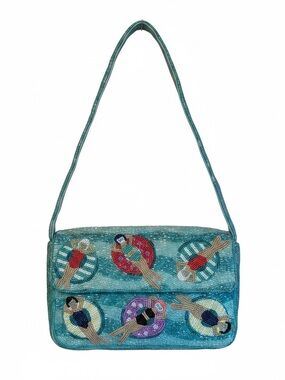 On 34th Beaded Turquoise Women’s Shoulder Bag with Swimmer Motif